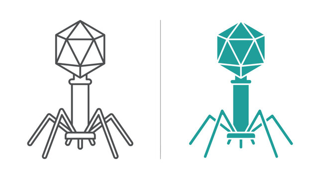 Two stylized bacteriophage virus icons in outline and solid teal color.