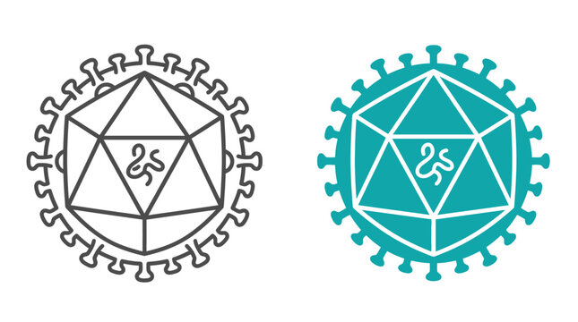 Two stylized illustrations of a viral particle featuring an icosahedral capsid and surface proteins.