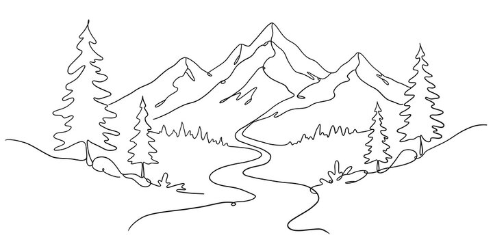 Continuous Line Art of Mountain Peaks Forest and Winding River Landscape