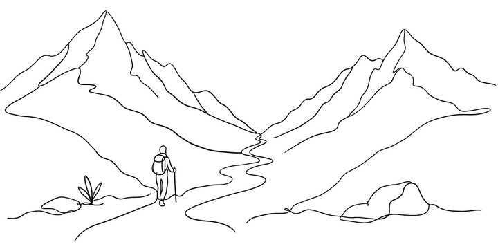Minimalist line art illustration of a hiker walking through a mountain valley