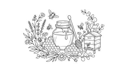 Vintage honey bee line art illustration, hand drawn honey jar with honeycomb and beehive, floral botanical nectar and apiary vector © Dream Time Studio