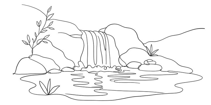 Minimalist line art drawing of a peaceful waterfall and river landscape