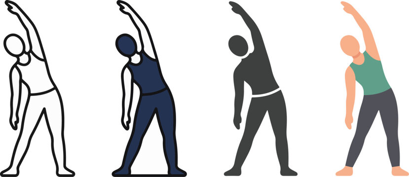 Yoga Stretch Exercise Icon Set Collection, Side Bend Pose, Fitness, Wellness, Outline, Glyph, Solid and Flat Color Vector Icons for Health and UI UX