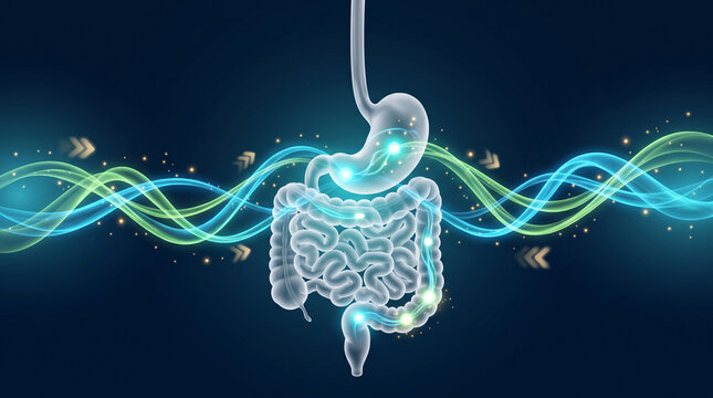Human digestive system anatomy with glowing energy waves representing metabolism and gut health on a dark blue background