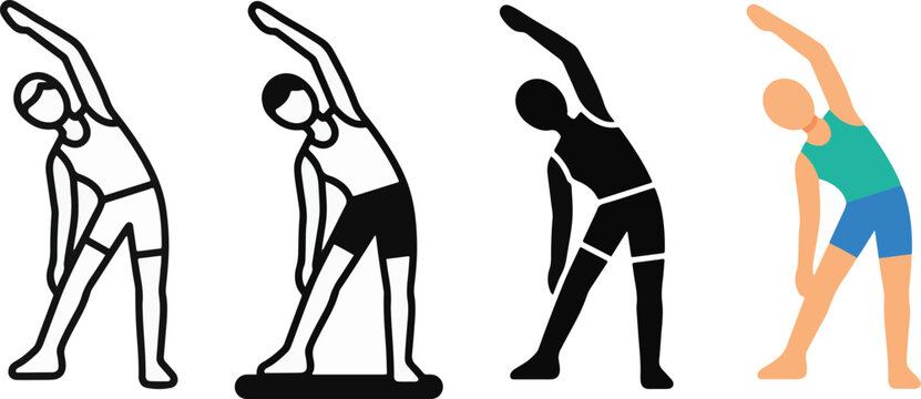 Yoga Stretch Exercise Icon Set Collection, Side Bend Pose, Fitness, Wellness, Outline, Glyph, Solid and Flat Color Vector Icons for Health and UI UX