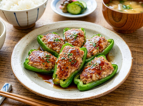 ジューシーなピーマンの肉詰めと白ご飯と味噌汁