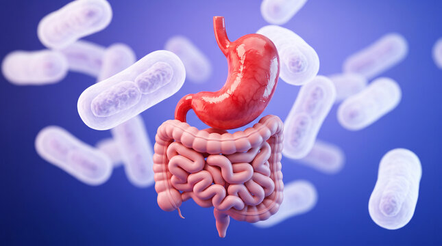 3d illustration of human stomach and intestines surrounded by gut microbiome bacteria on a blue background