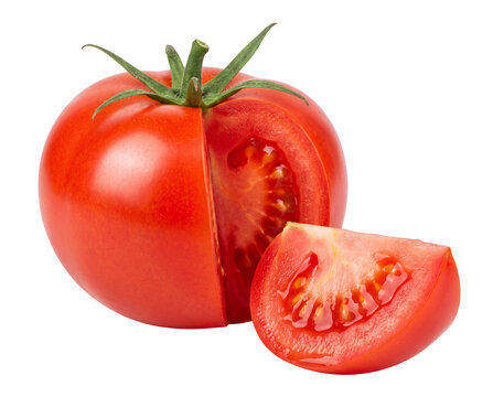 Glossy red tomato with green leaf on white background showing sharp cut wedge and juicy seeds in macro stock photography.