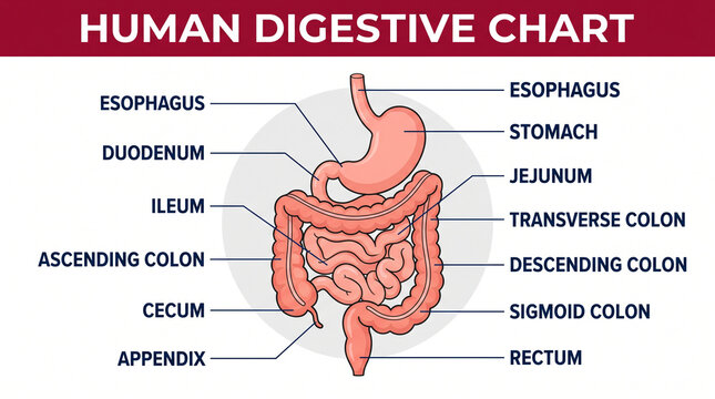 Human digestive system anatomy chart with labeled internal organs including stomach, small intestine, and large intestine isolated on white background