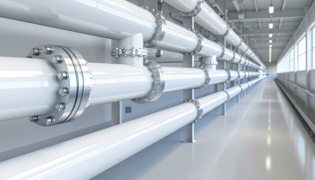 Modern white pipeline system with steel flanges in clean factory interior.