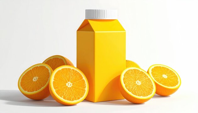 Bright yellow carton of juice surrounded by fresh orange slices