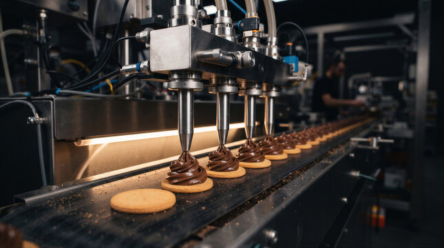 Industrial production line for cookies with chocolate cream filling in a food factory