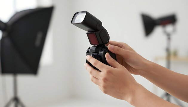 A photographer's hands adjust an external flash unit connected to a camera, with studio lighting equipment in the background.