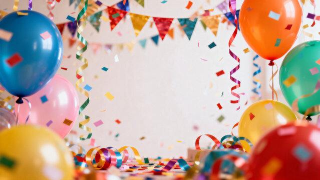 Festive frame with balloons, streamers and confetti against simple background in vibrant colors