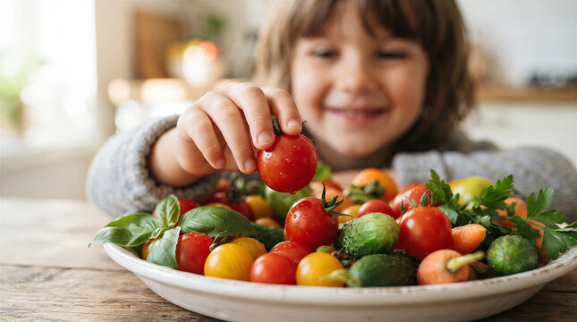 A happy young child picking a fresh cherry tomato from a bowl of assorted vegetables on a wooden table in a kitchen setting