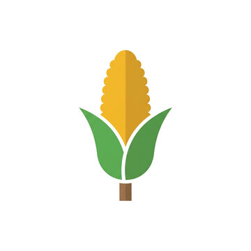 Stylized flat design illustration of a single ear of corn with yellow kernels and green husks on a white background, representing agriculture and food.