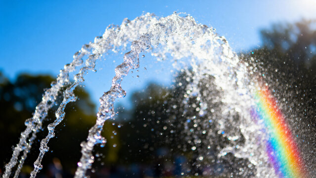 A fountain's water jet arching against a blue sky with sunlight creating glints.