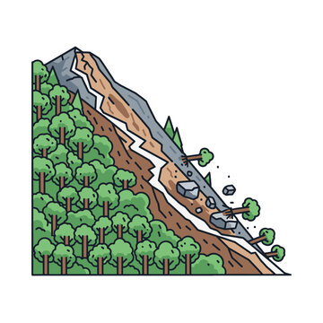 A flat vector illustration of a mountain landslide disaster