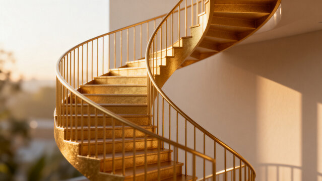 gainer. A golden spiral staircase ascending upwards, steps gradually widening in soft morning light. real-estate listings.