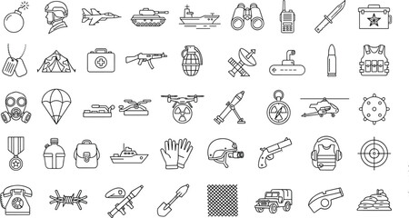 Naklejka premium Military Defense and Tactical Equipment Outline Icon Set Featuring Weapons, Soldiers, Vehicles, Communication, Surveillance, Navigation, and Protective Gear