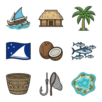 Tokelau culture and geography icons set featuring traditional outrigger canoe, fale house, coconut palm, national flag, tuna fish, woven basket, fishing hook, net, and coral atoll map.