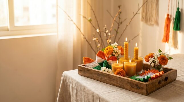 Decorative Tray with Tricolor Candles and Flowers Celebrating India's Independence Day