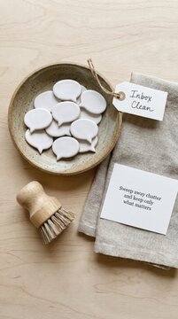 Digital Detox: Ceramic Speech Bubbles in Bowl with 'Inbox Clean' Tag for Mental Clarity
