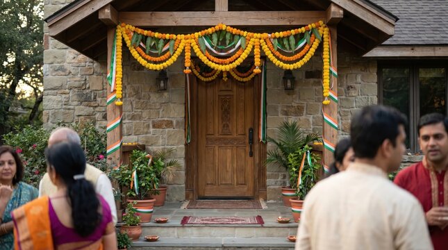 Festive Home Entrance Decorated for India's Independence Day with Marigold Garlands and Tricolor Ribbons