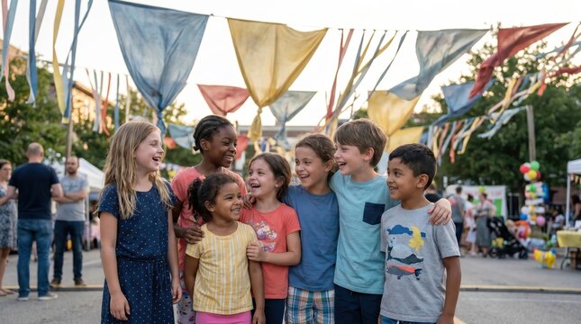 Diverse group of happy children celebrating India's Independence Day outdoors with colorful decorations