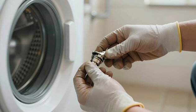 A person wearing gloves holds a metal part, possibly a filter or valve, near the drum of a washing machine for repair.