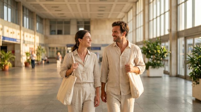 Couple carrying tote bags on Summer Bank Holiday