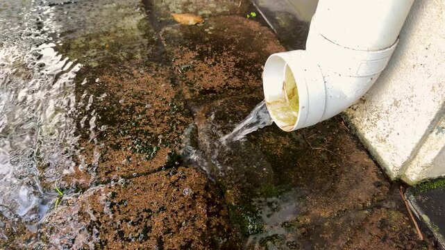 Rainwater Flowing from White PVC Gutter Downspout onto Concrete Pavement
