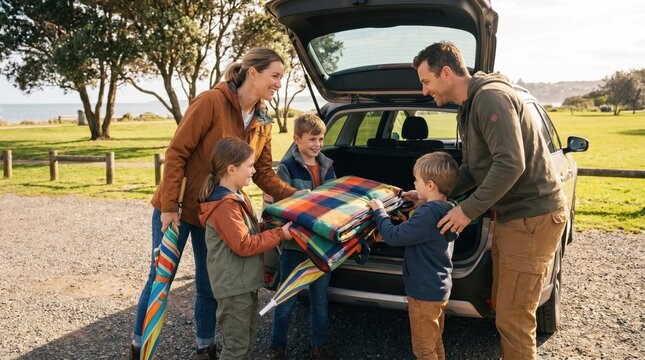 Family Loading Car for Summer Bank Holiday Picnic Adventure