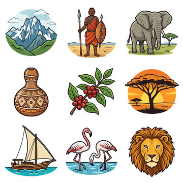Vector illustration set of Kenyan cultural and wildlife symbols including Maasai warrior, Mount Kenya, African elephant, lion, coffee beans, savanna sunset, dhow boat, flamingos, and gourd.