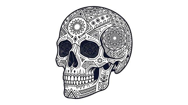 Intricate line art human skull illustration.