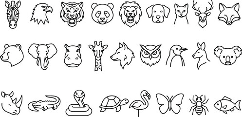Wild Animal Head and Wildlife Outline Icon Set Featuring Mammals, Birds, Reptiles, Insects, Marine Life, and Nature Symbols © MdSumon