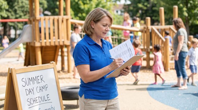 Woman managing Summer Childcare, Camps & Activity Schedules outdoors