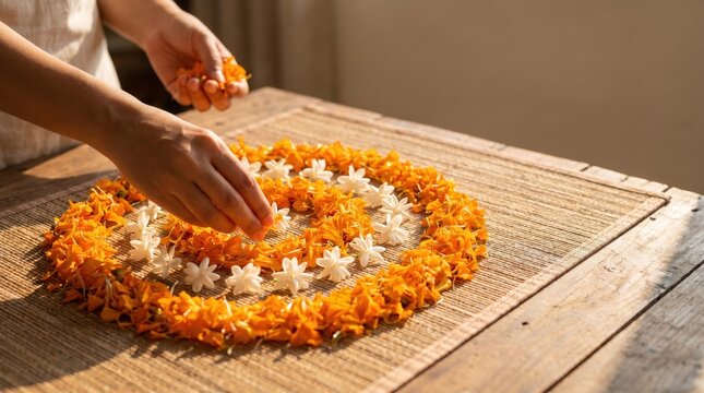 Hands Crafting Marigold and Jasmine Garlands for India's Independence Day Celebration