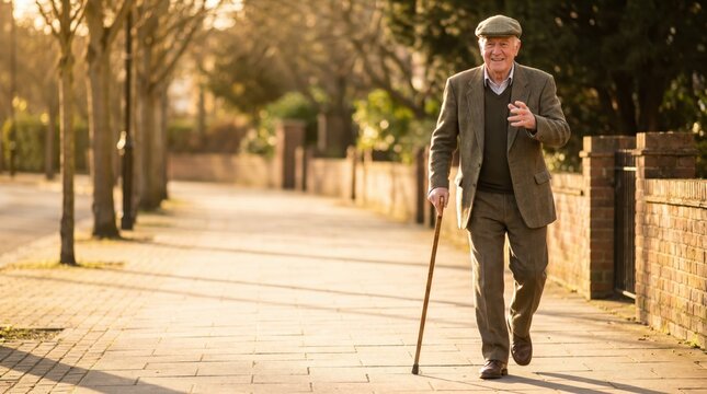 Happy Senior Man with Cane Walking Outdoors for Senior Citizen Day