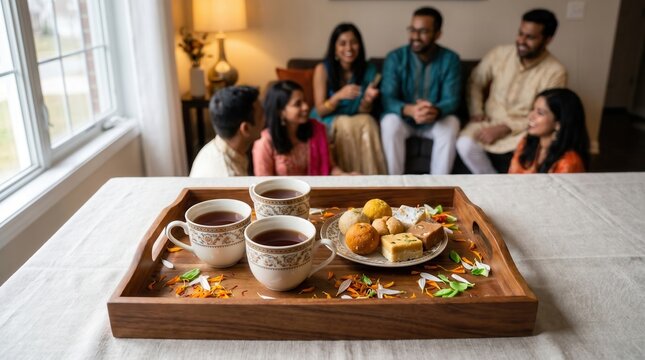 Indian Family Enjoying Sweets and Tea During India's Independence Day Celebration