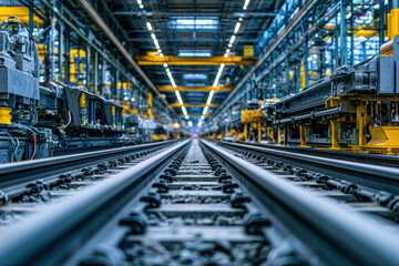 Fototapeta premium Inside view of a modern railway factory with train carriages on tracks and overhead lighting in a large industrial space.