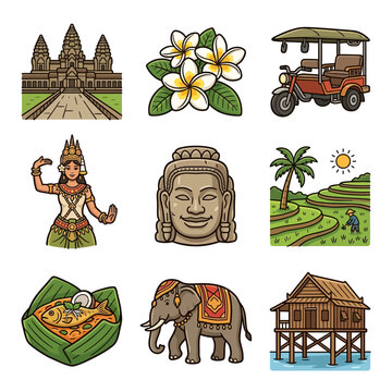 Vector set of Cambodian cultural icons including Angkor Wat temple, Apsara dancer, Bayon face, stilt house, Tuk-tuk, rice terraces, ceremonial elephant, fish amok, and frangipani flowers.