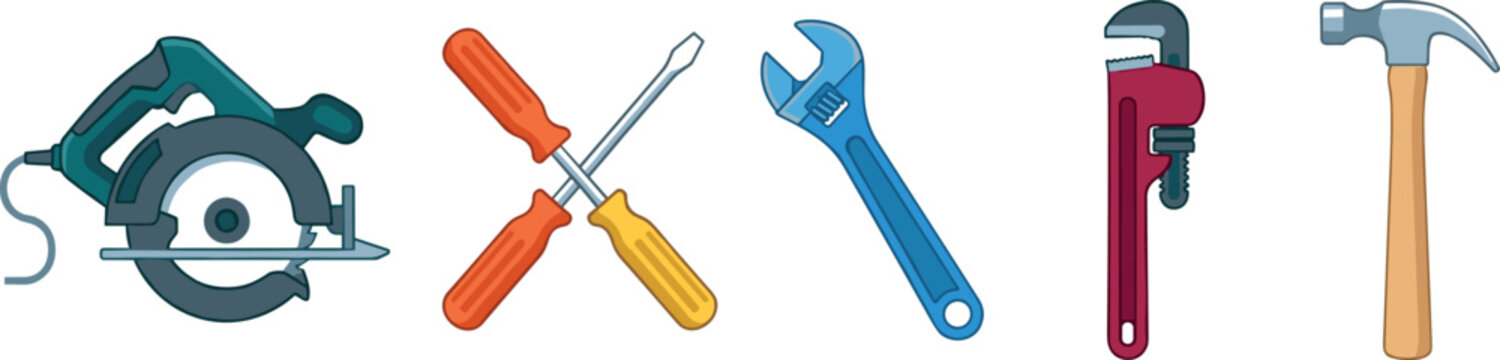 Carpentry and Plumbing Hand Tools Asset Pack Featuring Circular Power Saw Crossed Screwdrivers Adjustable Crescent Wrench Red Pipe Wrench and Claw Hammer Graphics