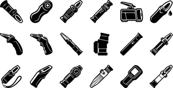 Refractometer Icon Set for Laboratory Testing, Brix Measurement and Liquid Quality Analysis
