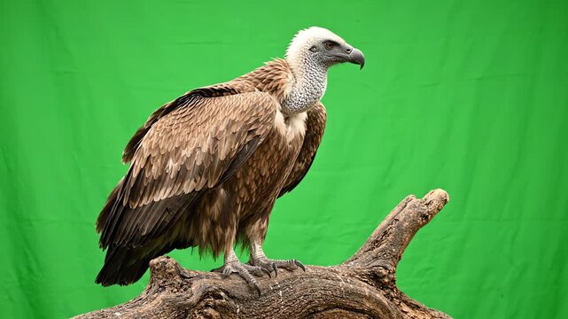 Large wild vulture standing on a branch against a bright green screen background looking around and blinking