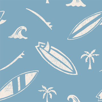 Surfboard and wave pattern in blue with palm trees and ocean theme