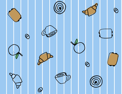 Whimsical breakfast pattern with stylized croissants coffee cups and fruit on a pastel striped background