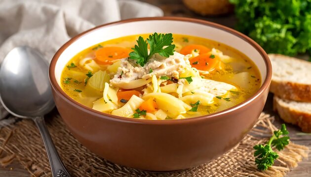 Bowl of creamy pumpkin soup with herbs garnish.