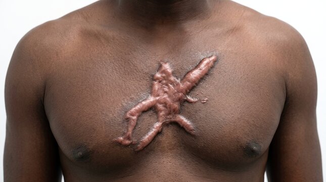 Frontal View of Hypertrophic Keloid Scar on Male Chest Skin Close Up