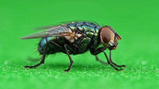 Macro shot of a common housefly crawling and rubbing its legs together on a vibrant green background for chroma key compositing